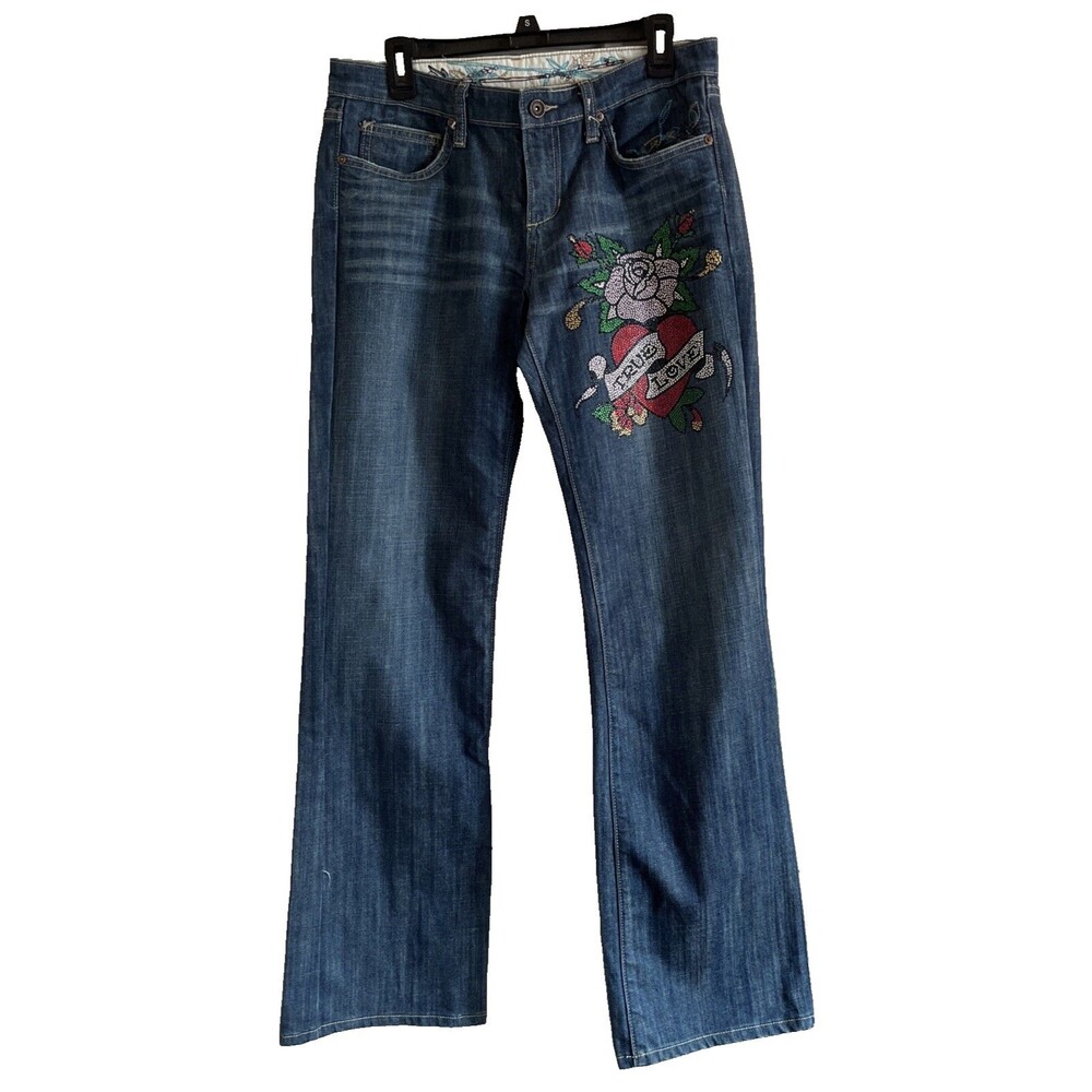 Y2K Jeans Women's 32 12/14 Straight Leg True Love Embroidered Appliqué Mid Rise